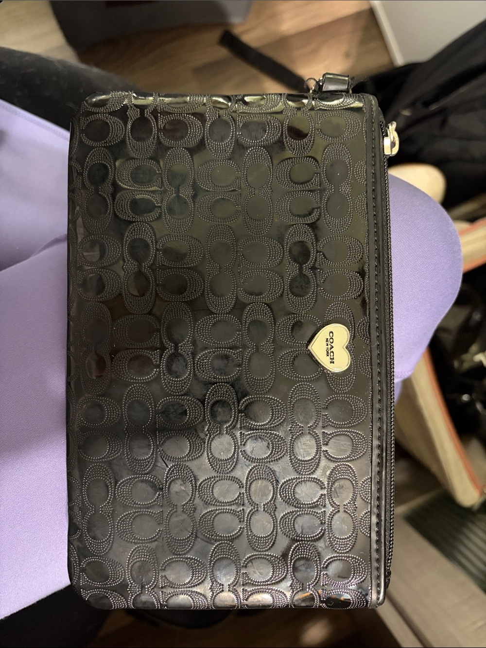 COACH Black Glossy Signature Patent Wristlet with Heart Plaque